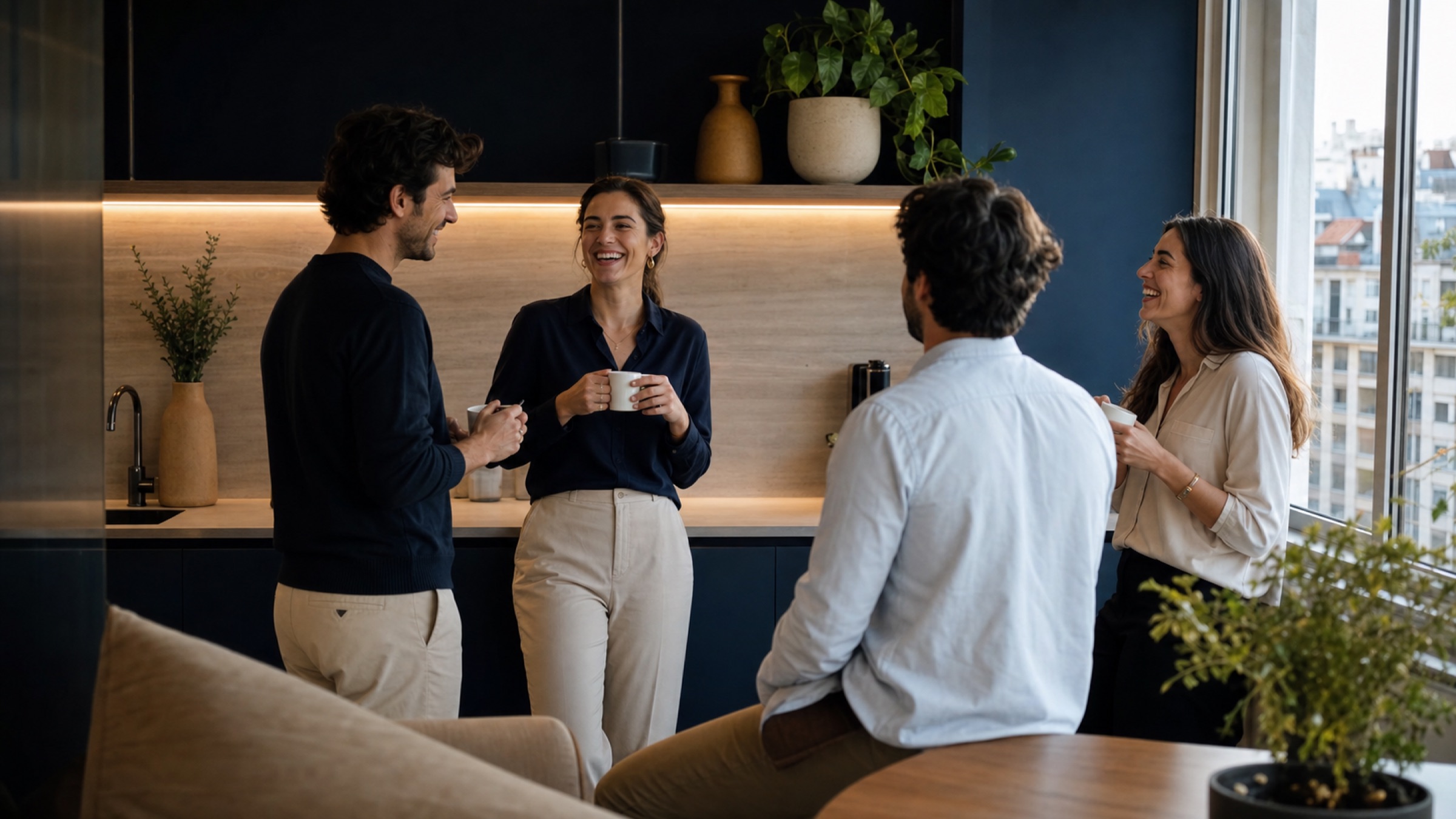 Colleagues having coffee together in the office kitchen