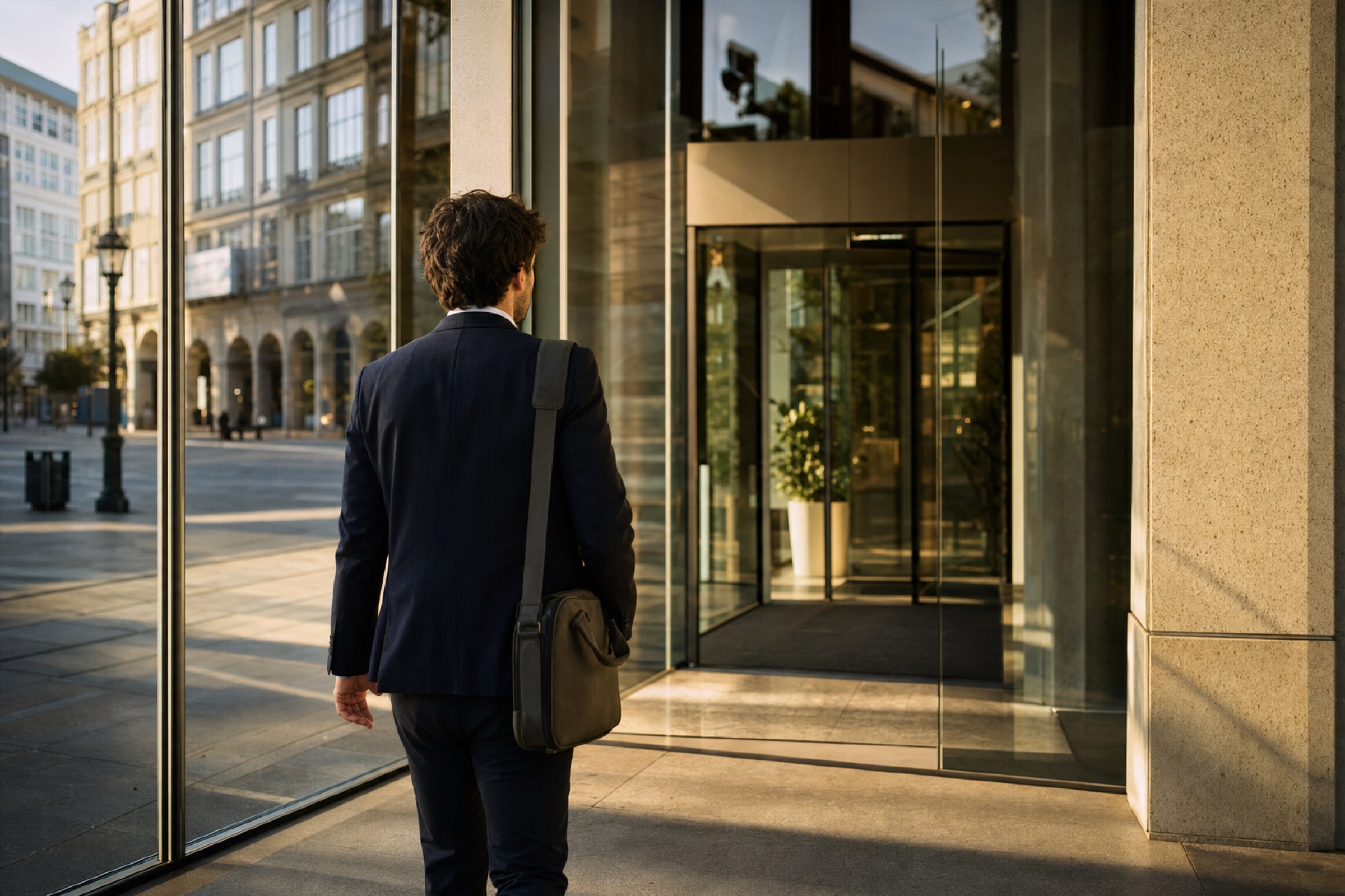 Finance professional arriving at the A Coruña office