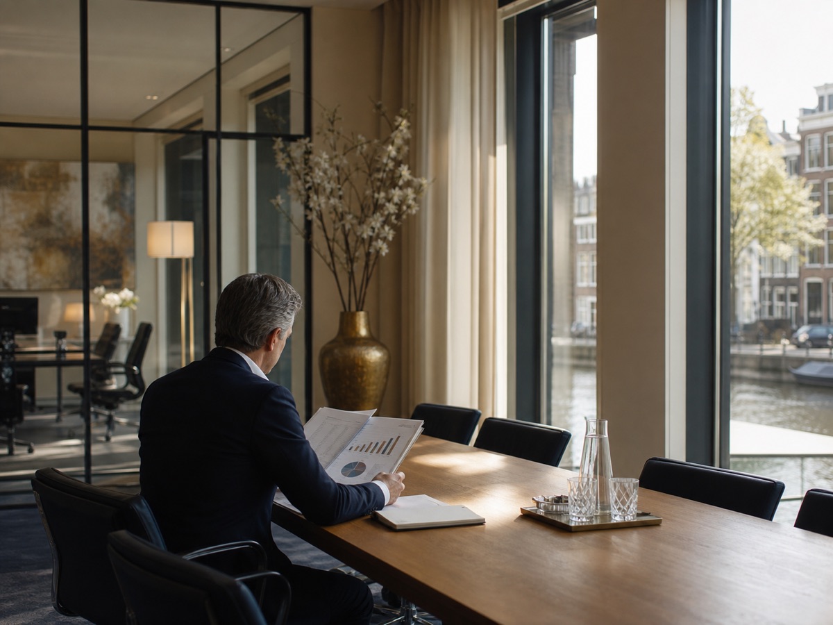Finance director reviewing a monthly report in an Amsterdam office
