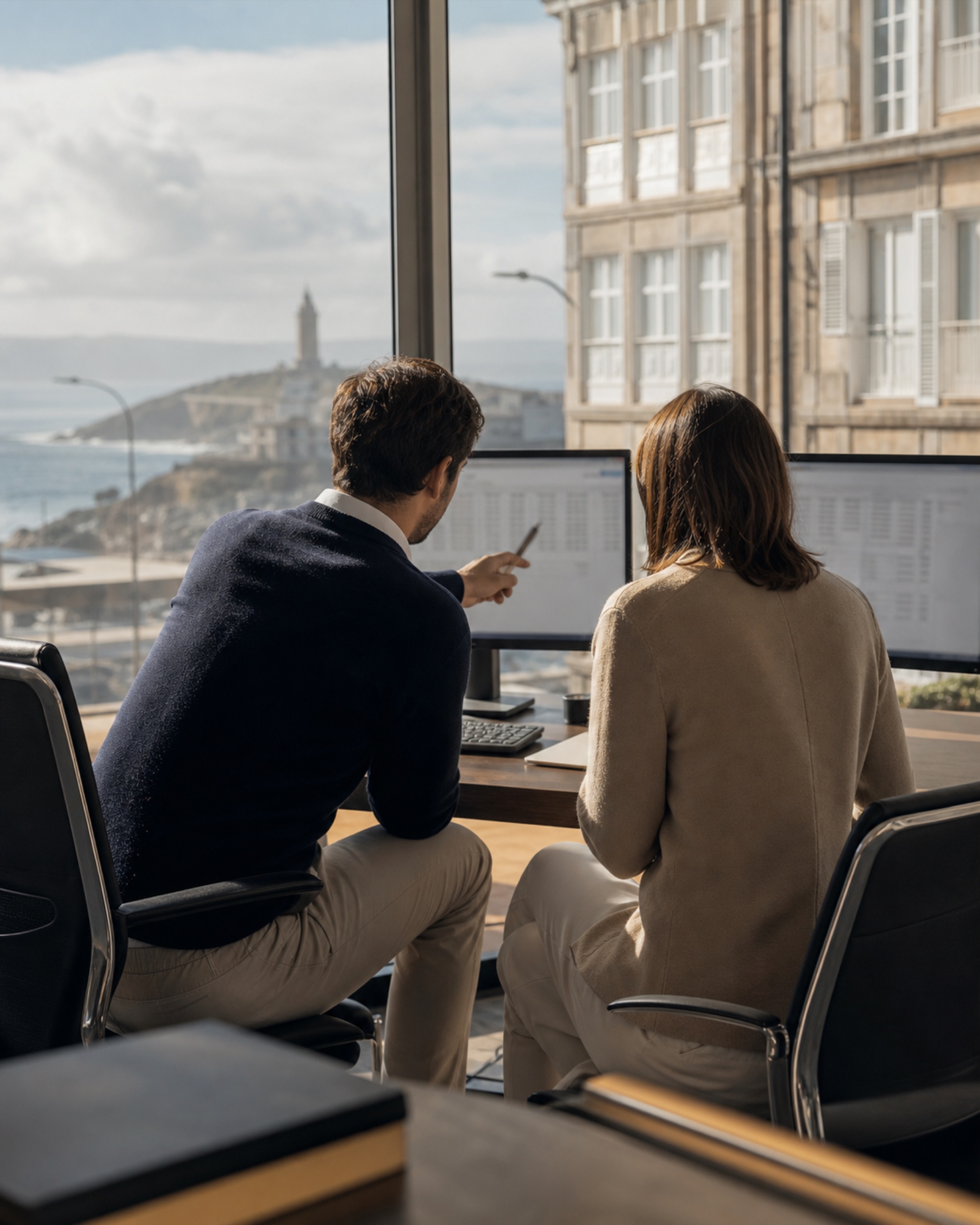 Finance professionals at work in A Coruña, with the Tower of Hercules in view