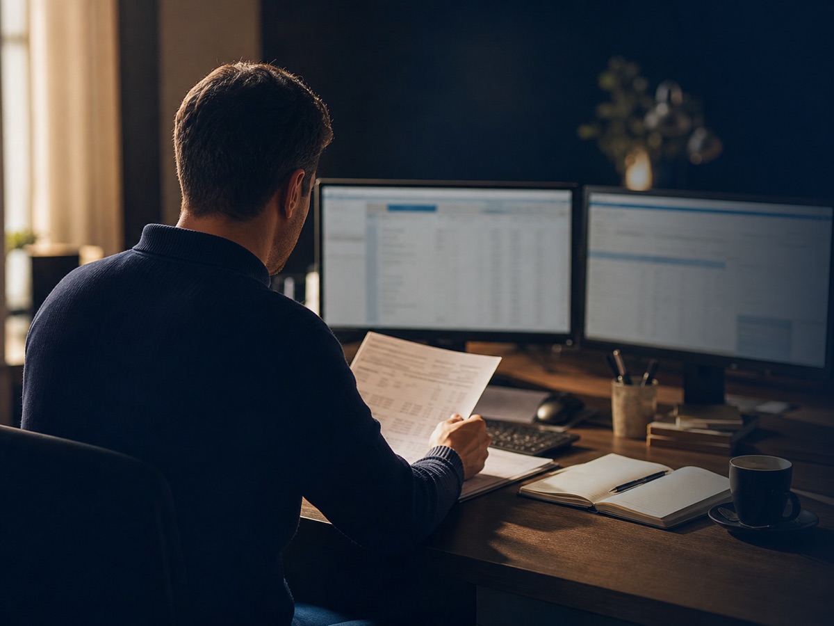 Accountant working through invoices on a dual-monitor setup